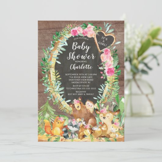 Rustic Het is een Girl Woodland Animals Baby showe Kaart (Staand voorkant)