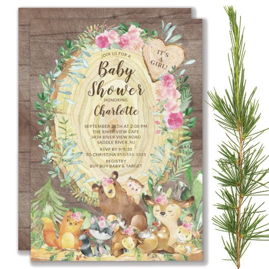 Rustic Het is een Girl Woodland Animals Baby showe Kaart