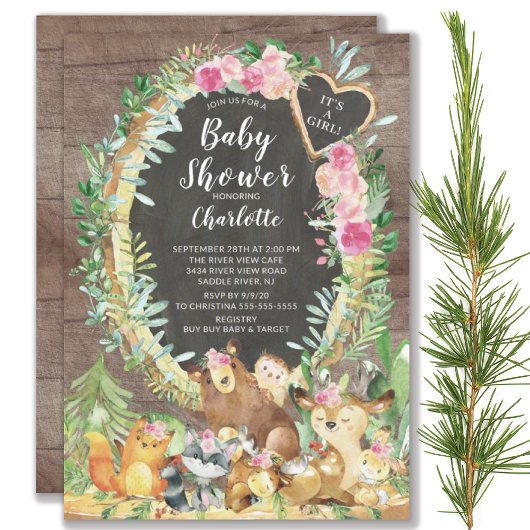 Rustic Het is een Girl Woodland Animals Baby showe Kaart