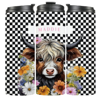 Rustic Highland Cow Floral Checkered Tumbler Mug Thermosbeker