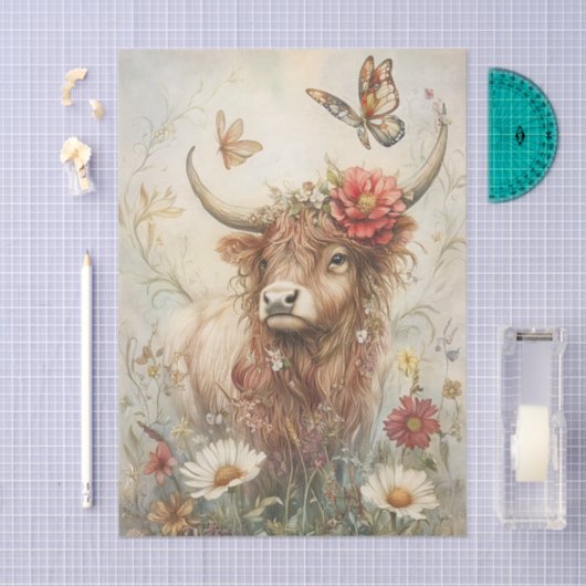 Rustic Highland Cow With Butterfly Decoupage Tissuepapier (Craft)