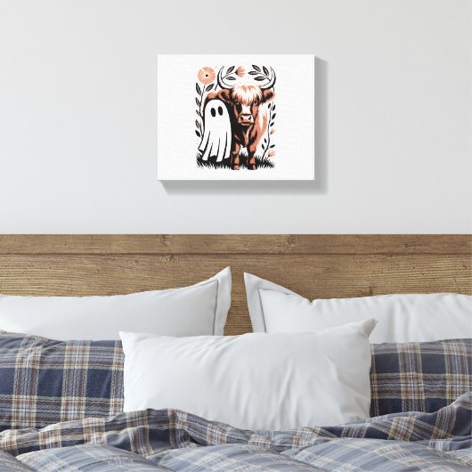 Rustic Highland Koe Ghost Halloween Canvas Afdruk (Insitu (Slaapkamer))