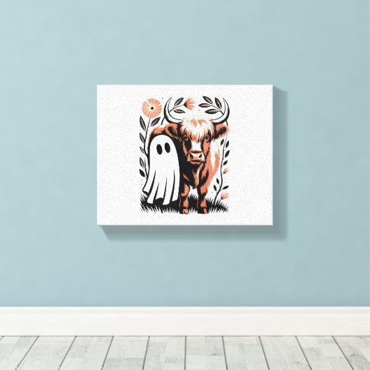 Rustic Highland Koe Ghost Halloween Canvas Afdruk (Insitu (Houten vloer))