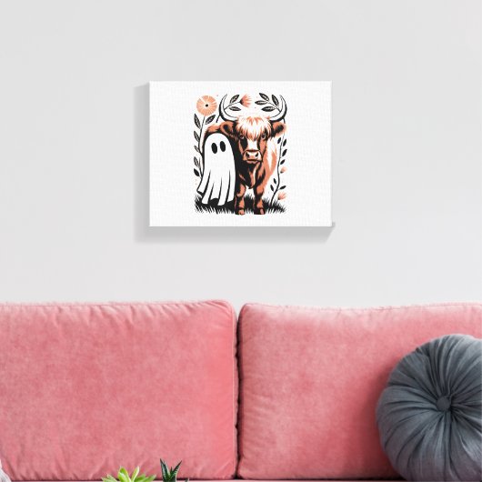 Rustic Highland Koe Ghost Halloween Canvas Afdruk (Insitu (Woonkamer))