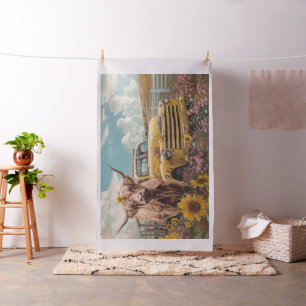 Rustic Highland Koe Truck Zonnebloemen Stof