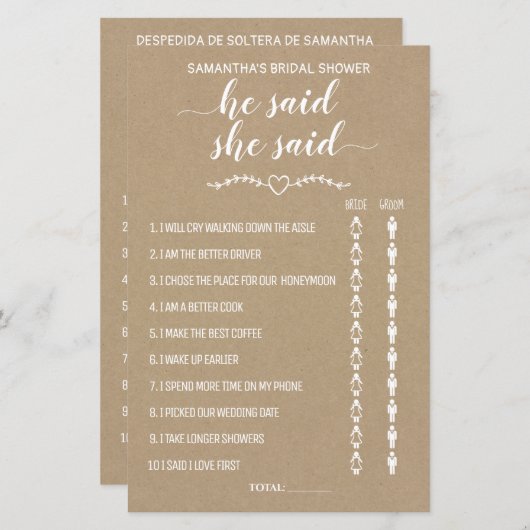 Rustic Hij zei dat ze tweetalige douche-wedstrijd  (Voorkant / Achterkant)