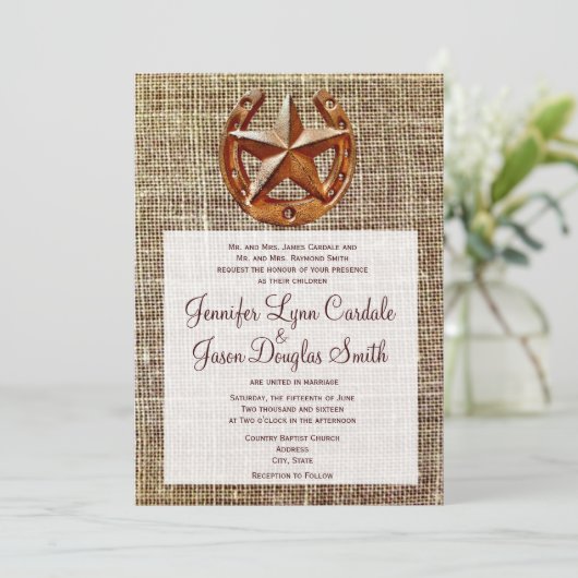 Rustic Hoefijzer Star Burlap Wedding Invitations Kaart (Staand voorkant)