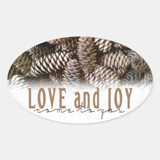 Rustic Holiday Love and Joy Pine Cone Ovale Sticker (Voorkant)