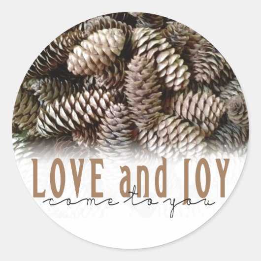 Rustic Holiday Love and Joy Pine Cone Ronde Sticker (Voorkant)