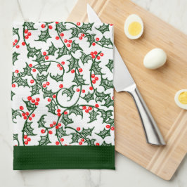 Rustic Holly and Berry Holiday Pattern on Green Theedoek