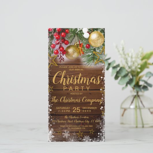 Rustic Holly Berries Invitation de Noël (Debout devant)