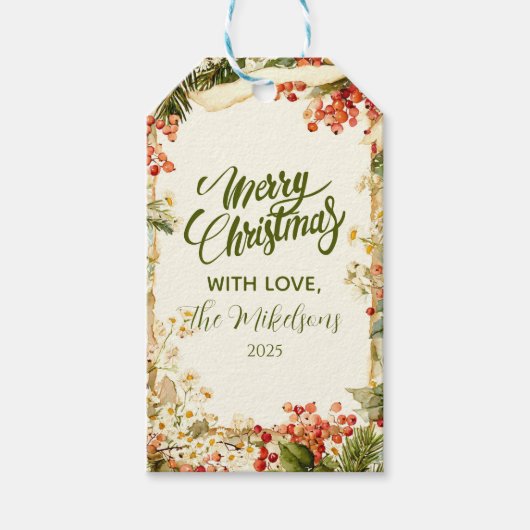 Rustic Holly Berry Christmas Cadeaulabel (Voorkant)