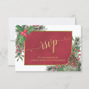 Rustic Holly & Pine Holiday of Kerstbruiloft RSVP Kaartje