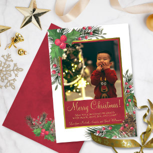 Rustic Holly & Pine met Kerstfeest met foto's Feestdagenkaart