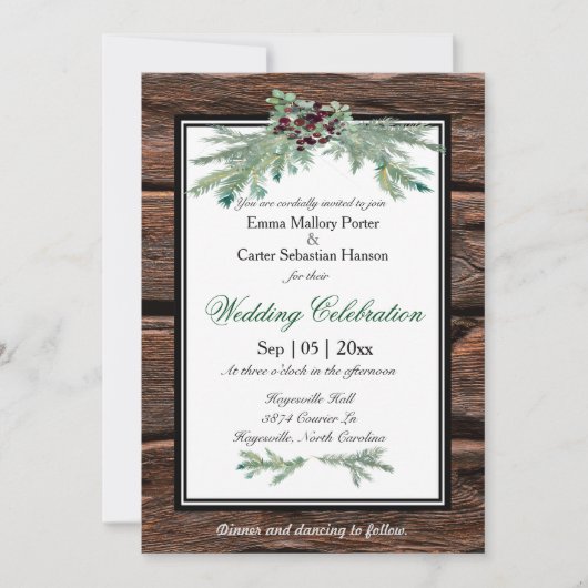 Rustic Holly Tree Branch Winter Wedding Invitation Kaart (Voorkant)