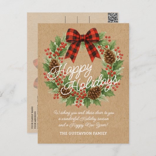 Rustic Holly Wreath Red Black Checkered Bow Feestdagenkaart (Voorkant / Achterkant)