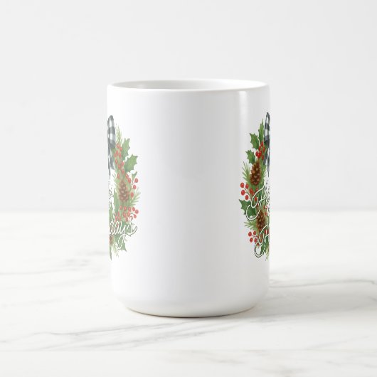 Rustic Holly Wreath White Black Checkered Bow Koffiemok (Center)