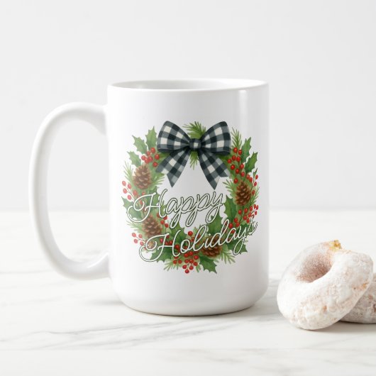 Rustic Holly Wreath White Black Checkered Bow Koffiemok (Met donut)
