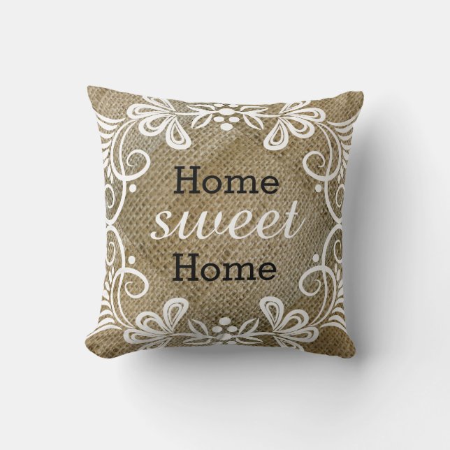Rustic Home Sweet Home Burlap Kussen (Voorkant)