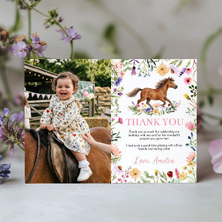 Rustic Horse Wildflower Girl Birthday Party Photo Bedankkaart