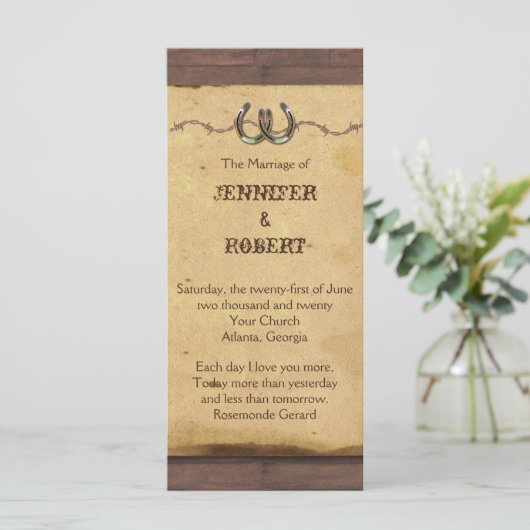 Rustic Horseshoes Barbed Wire Wedding Programme (Debout devant)
