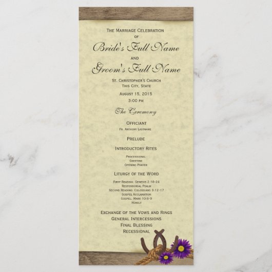 Rustic Horseshoes Purple Daisy Wedding Programme (Devant)