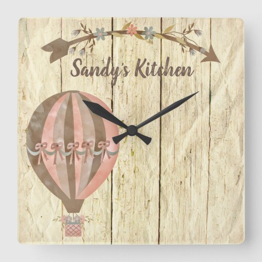 Rustic Hot Air Balloon Personalized Kitchen Clock Vierkante Klok (Voorkant)