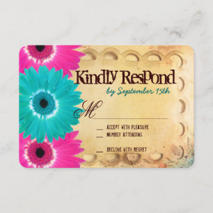 Rustic Hot Pink Blauwgroen Daisies Wedding RSVP ka Kaartje