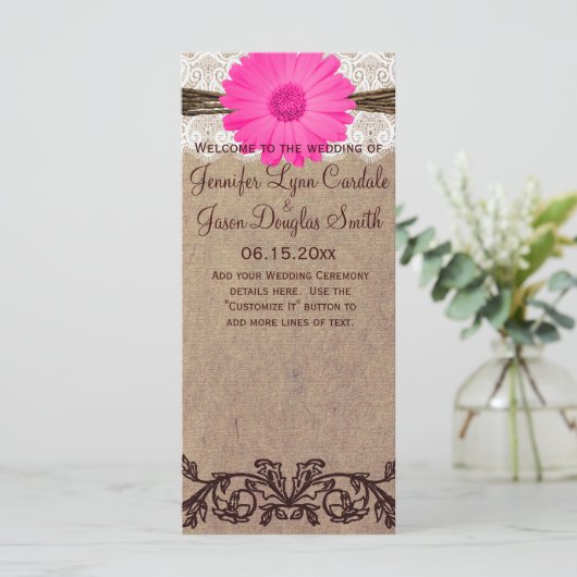 Rustic Hot Pink Gerber Daisy Wedding Program Programma (Staand voorkant)