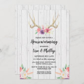 Rustic Housewarming Party Antler Floral Invite Kaart (Voorkant / Achterkant)