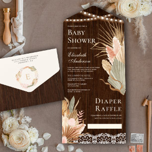 Rustic Hout Boho Gedroogde Palm Pampas Baby Borrel All In One Uitnodiging
