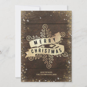 Rustic Hout Gouden Sneeuwvlok Prettig Kerstfeest V Feestdagenkaart