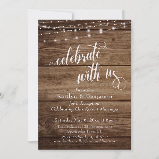 Rustic Hout & Lichten Feest met Ons Receptie Kaart (Voorkant)