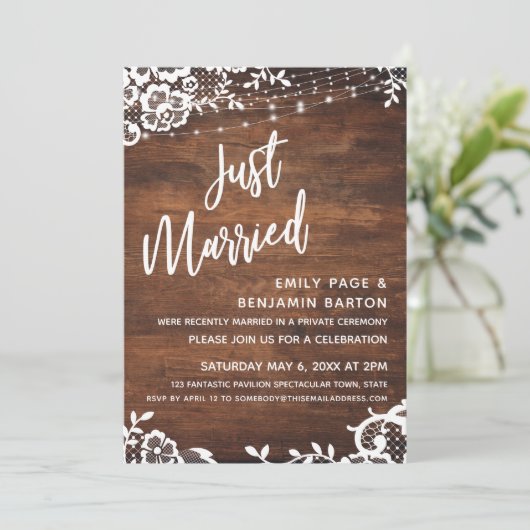 Rustic Hout, Lichten & Kanten Huwelijk Event Kaart (Staand voorkant)