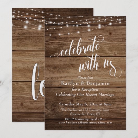 Rustic Hout & Lichten Vieren met Ons Receptie Kaart (Voorkant / Achterkant)