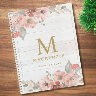 Rustic Hout Roze Bloemige Waterverf Monogram Planner