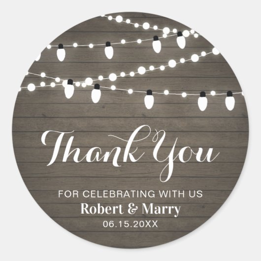 Rustic Hout & String Light Feest Bedankt Sticker (Voorkant)