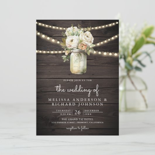Rustic Hout Witte Rozen Metselwerkpot QR Code Trou Kaart (Staand voorkant)