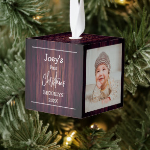 Rustic houten baby eerste kerst drie Foto Kubus Ornament