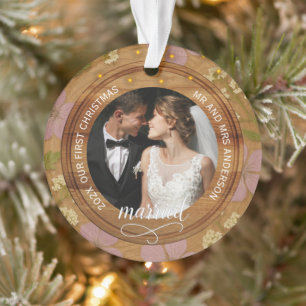 Rustic Houten Bloem Huwelijk Eerste Kerstmis getro Ornament