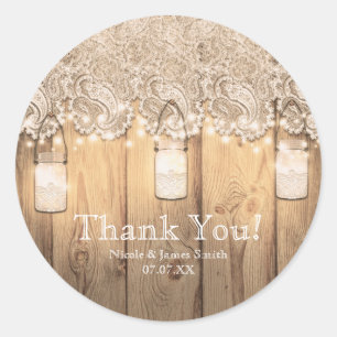 Rustic Houten Kant en Verlichte Mason Jar Huwelijk Ronde Sticker