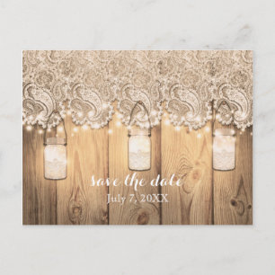 Rustic houten kant & verlichte Mason Jar Save The Aankondigingskaart