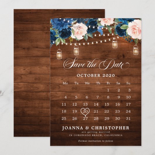 Rustic houten Navy-blauwe bloemstuk Mason Jar-agen Save The Date (Voorkant / Achterkant)