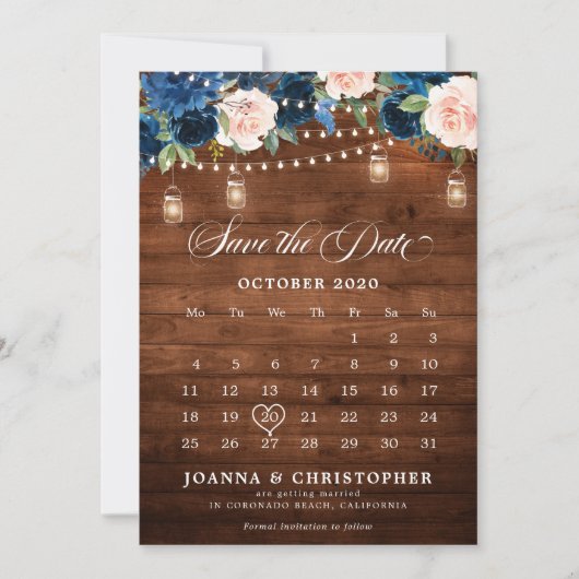 Rustic houten navyblauwe bloempot kalender save the date (Voorkant)