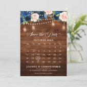 Rustic houten navyblauwe bloempot kalender save the date (Staand voorkant)