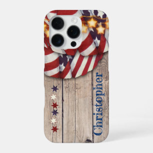 Rustic houten sterren patriottisch rood wit aangep iPhone 16 pro hoesje