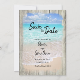 Rustic Houten Strand Aqua Blauwe Oceaan Bruiloft  Save The Date