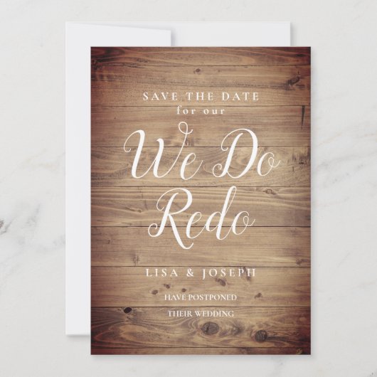 Rustic houten wijzig de datum uitgesteld schrift save the date (Voorkant)