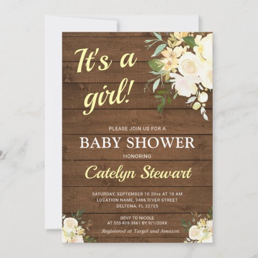 Rustic Houten Witte Bloem Gele Meisje Baby Shower Kaart (Voorkant)