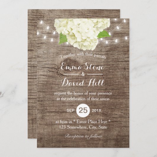 Rustic Hydrangea & String Lights Barn Wood Wedding Kaart (Voorkant / Achterkant)